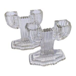 Vintage 1940s Art Deco Anchor Hocking Queen Mary Glass Candle Holders Set of 2